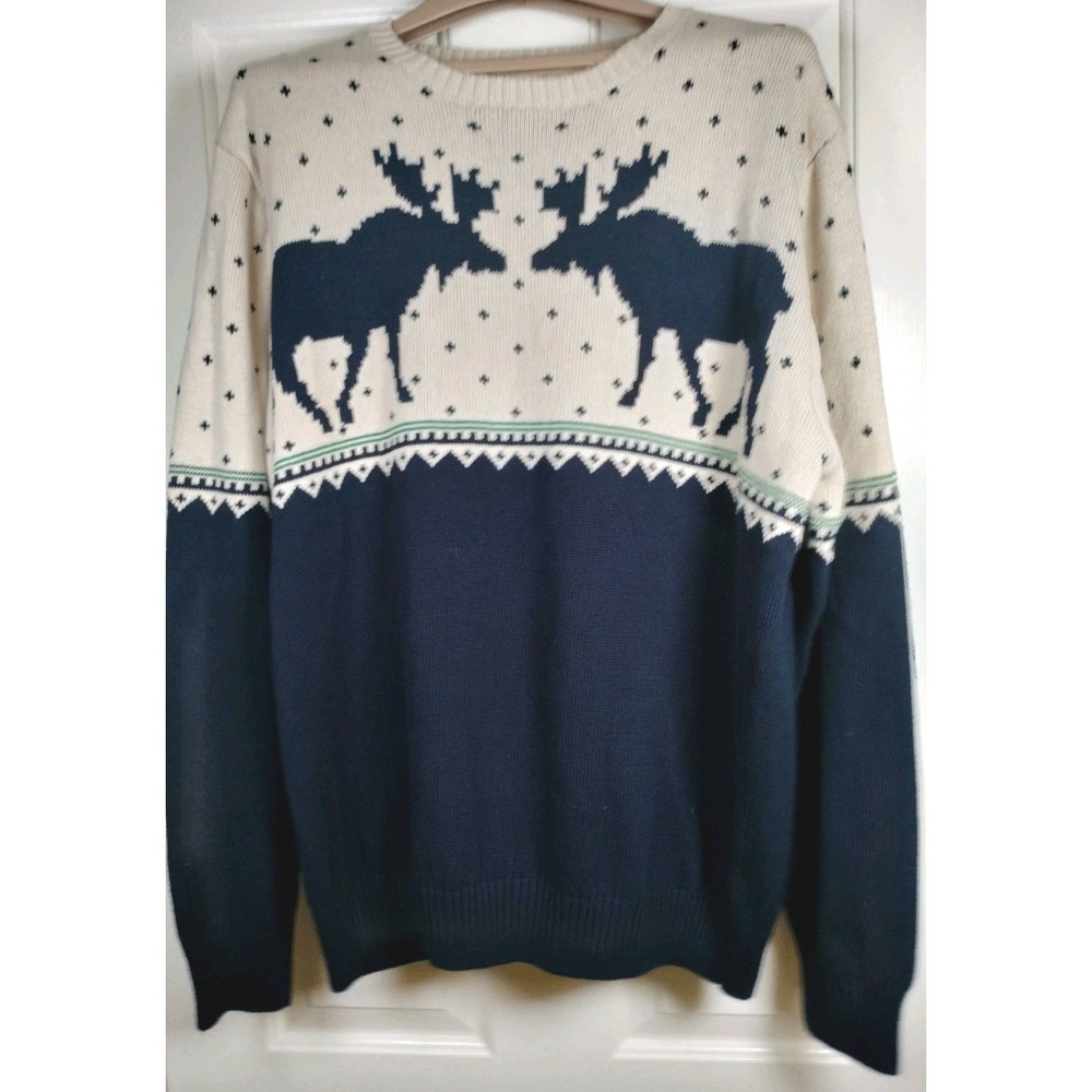Weatherproof Vintage Mens Large Cotton Sweater Blue Cream Moose Fair Isle